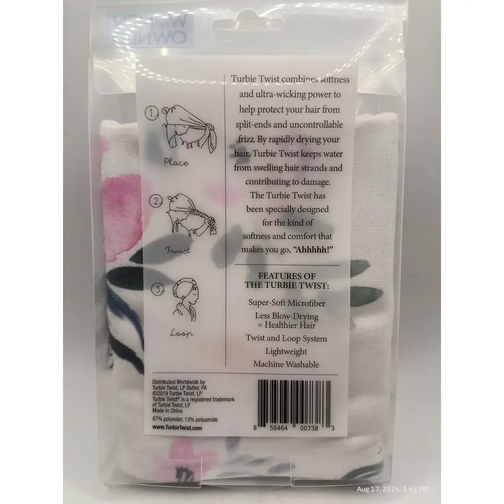 Turbie Twist Original Microfiber Hair Towel White Flowers Twist & Loop Soft Feel